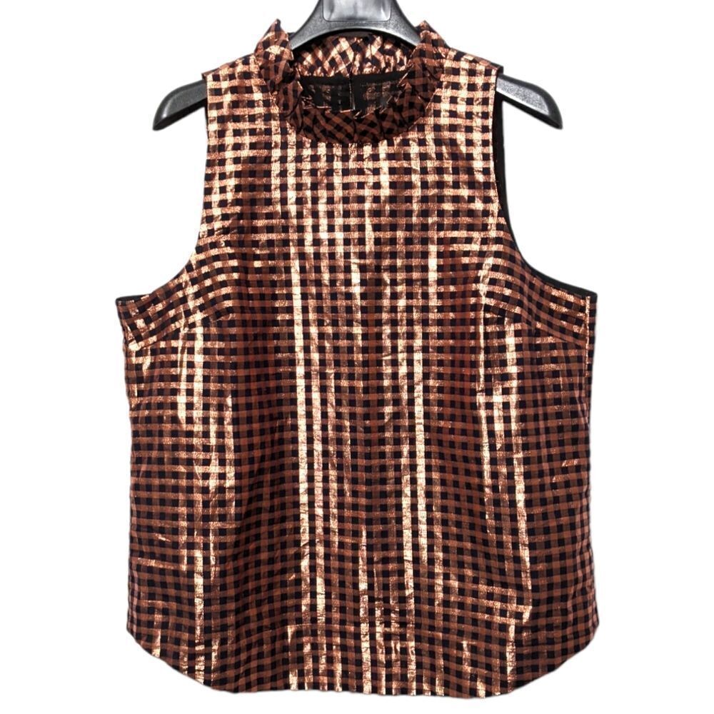 NWT J. CREW Lurex® Crinkle Gingham Ruffle Neck Sleeveless Top L